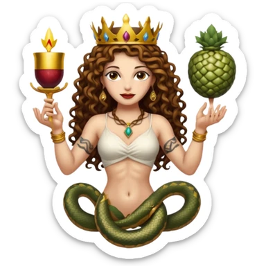 full body woman long curly brown hair brown eyes white skin tattoos muscular build serpent crown and fruit chalice sticker