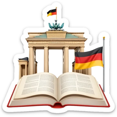 An icon featuring the Brandenburg Gate and the big flag of Germany, symbolizing the German language. The design includes an open book with German text representing language learning and German culture. Transparent background highlights the essence of German heritage. sticker