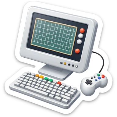 Professional icon for Game Design: a computer screen with a game interface, 3D models, pixel art, wireframe, and design tools like a grid and stylus, dualsence. The icon should represent the technical and creative aspects of game development. Transparent background. sticker