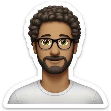 Man with green eyes and black specs, fair skin curly hair, small traingular beard below the lips. Hair colour is dark brown, fade hairstyle - is designin sticker