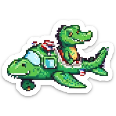 pixel art bright green crocodile piloting an airplane, chibi proportions, cute face sticker