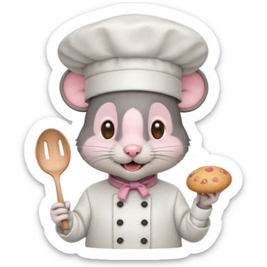 dark gray mouse with large round ears, brown eyes, and a small pink nose, wearing a white chef’s hat and has a friendly, slightly open-mouthed expression sticker