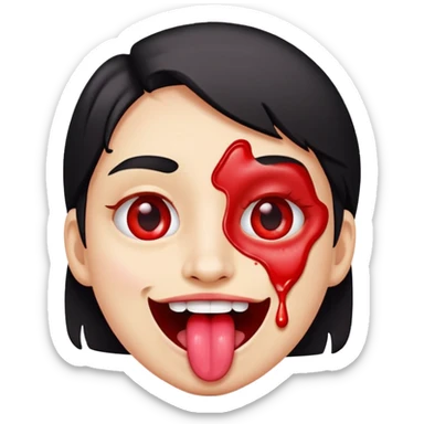 Spilt glue on their face but is happy and smiling with their tongue out but their eyes are red sticker