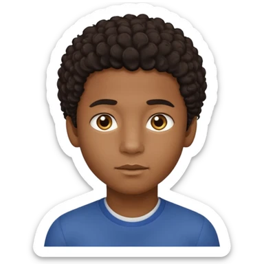 This avatar of black boy has lightly curly dark hair styled upward, a rounded face with golden-brown eyes, and a neutral expression sticker