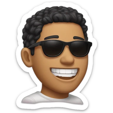 emote of tanned man, with black hair, fade haircut and brown eyes, dressed in a vans skater style, wearing Osacruz sunglasses, is laughing. sticker