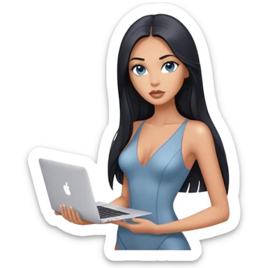 Glamours tanned very beautiful girl with pump nude lips and black straight smooth long hair, blue-grey eyes in bodysuit with one MacBook. sticker