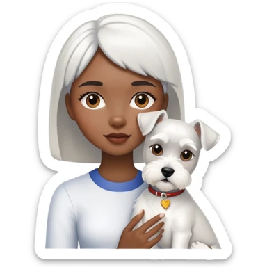 Black girl with short bangs holding a white schnauzer dog sticker