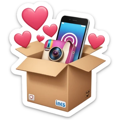 a box with an instagram logo on its face,  open with swipe files inside and hearts, likes  sticker