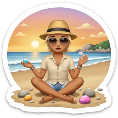 Someone sitting on the ground in the Beach close to the water and throws stone at the water and it's a sunset sticker