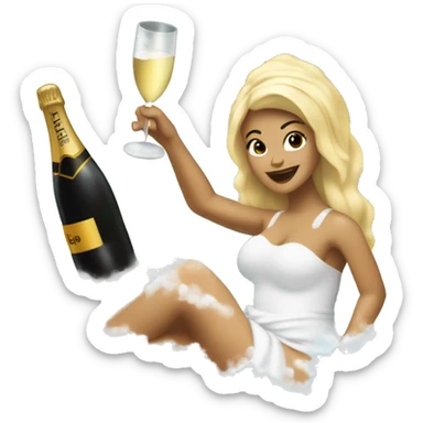 Girl with white towel wrapped around hair holdingl a champagne glass and bottle in black high heels kicking feet out in bubble bath  sticker