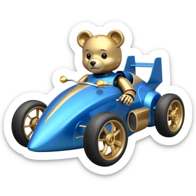  Metallic blue and gold-accented  kid-sized racing car for furry scary robot teddy bear with custom aero body and rear wing and motorcycle-sized wheels  sticker