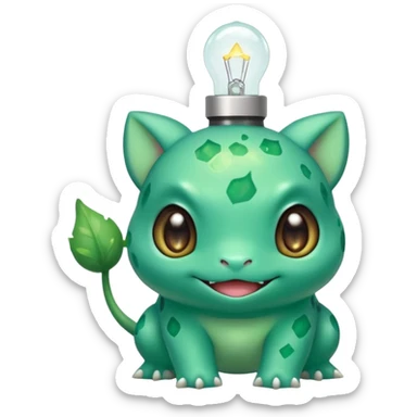 cute Bulbasaur Pokémon with sparkling eyes, small bulb on back, happy inviting expression, green and teal colors sticker