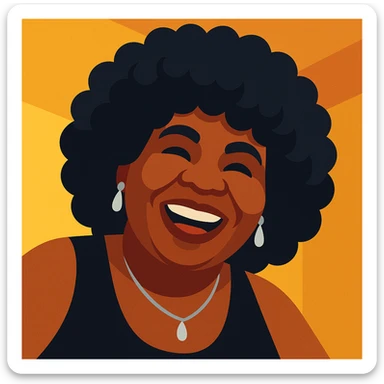 Create another emoji of this lady in a 1970s disco theme, using a color palette of black, silver, gold, and white. Show her in a different joyful 70s dance pose, with afro hairstyle and disco accessories, in a vibrant toon style. sticker