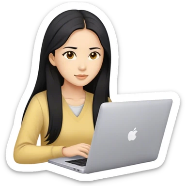 Long hair asian woman working on pale yellow laptop with brown eyes sticker