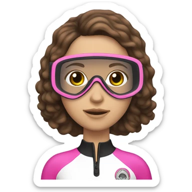 Woman Scuba diving underwater, the woman should have brown wavy hair, brown eyes, white skin tone and a pink mask / fins sticker