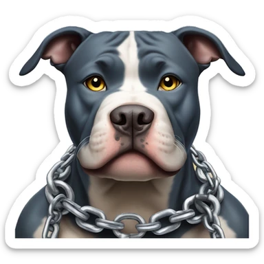 A Pit Bull with a defiant expression, piercing blue eyes, displays his muscular strength while wearing iron chains adorned with gold and silver spikes sticker