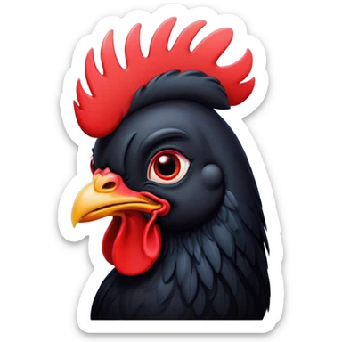 Cinematic Cute Black Rooster Portrait Emoji, Head tilted playfully and inquisitively, featuring a glossy, immaculate black plumage with a vibrant red comb, round, sparkling eyes filled with curiosity, Simplified yet irresistibly adorable features, highly detailed, glowing with a warm, friendly glow, high shine, affectionate and spirited, stylized with a touch of farmyard whimsy, bright and endearing, soft glowing outline, capturing the essence of a mischievous yet loving rooster, so playful it feels like it could strut out of the screen and into your arms! sticker