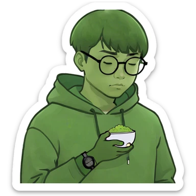 Depressed Asian man with glasses and a bowl cut sticker