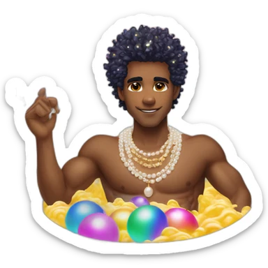 posh-muscle-boy-with-pearl-necklace-and-rainbow-unicorn-hair-in-golden-bathtub sticker