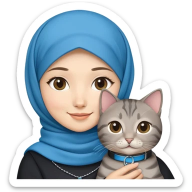 Asian White girl wearing hijab holding a black grey tabby cat while smiling. The cat is wearing a blue collar sticker