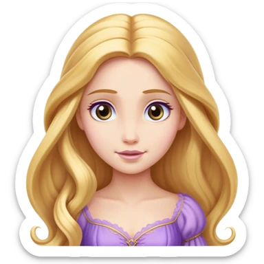 Cinematic Elegant Rapunzel Portrait Emoji, rendered in a realistic, vector-style with minimal shading and bold, simplified shapes. Depict Rapunzel (chest and above) with fair, porcelain skin, long, flowing golden hair cascading gracefully, and soft, gentle eyes, wearing her iconic light purple gown. The image glows with a soft, enchanting radiance and high shine, capturing timeless fairy-tale beauty. sticker