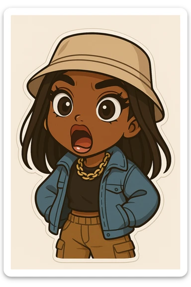 Change her expression to shocked, keep her as a 20-year-old anime Bratz style woman with dark skin, dark hair, trendy streetwear, big expressive eyes, and glossy lips. sticker