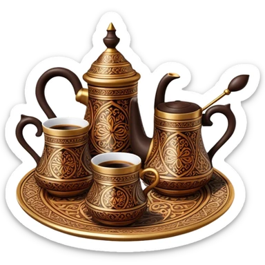 Turkish Coffee Set – Cinematic Realistic Turkish Coffee Set, depicted as an elegantly arranged ensemble of ornate coffee cups and a traditional cezve pot, adorned with intricate patterns and rich, warm colors, rendered with detailed textures and soft ambient lighting that captures its cultural heritage. sticker