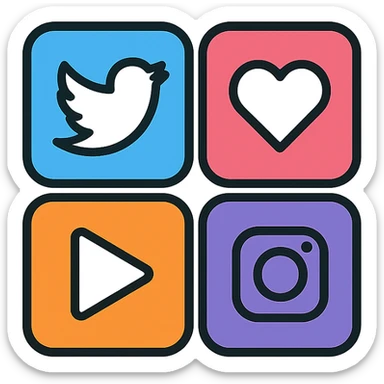 a set of social media icons grouped together, clean modern icon style, clear outlines, simple color accents, representing multiple platforms sticker