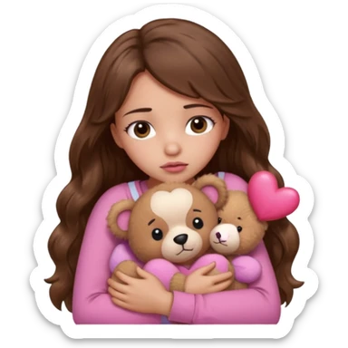girl with long wavy brown hair, brown eyes, light to medium complexion, in a pink shirt, pink lips, long lashes, sad, hugging squeezing  a teddy bear with hearts sticker