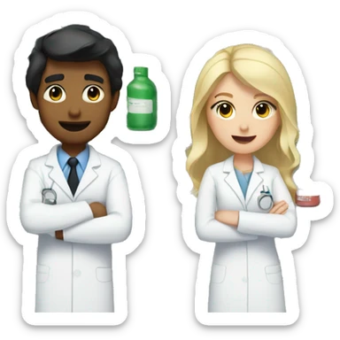 blonde female pharmacist next to male chemist with black hair and pale skin sticker