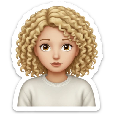 a dirty blonde girl with brown eyes and make her wearing a white sweater with curly hair and white skin color long har and big lashes sticker