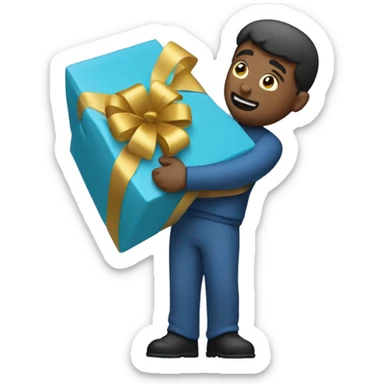 A nice man hugging a gift that is large and blue. sticker