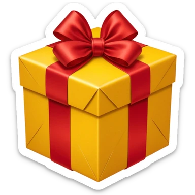 box with yellow wrapping paper and a length of red ribbon surrounding it sticker