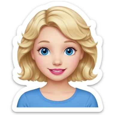 Girl Blonde short wavy hair,  blue eyes, cute blue top, long lashes, pink lips, 👄 big smile  sticker