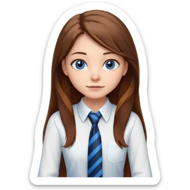 high school class room with a pretty female high school student with long brown hair, blue eyes, wearing a tie, sitting in front of the blackboard sticker