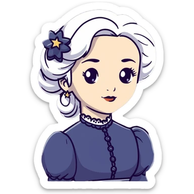 Victorian woman with white hair and starstruck eyes, elegant period dress sticker