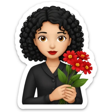 A girl with curly  black  hair and res flowers in her hands sticker
