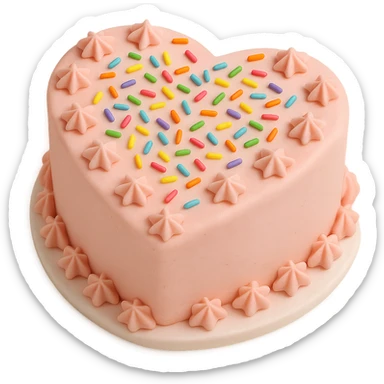 heart-shaped fondant cake with rainbow sprinkles and piped stars sticker