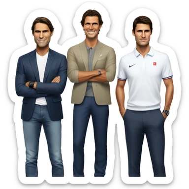 In the left ide there is Rafael Nadal. In the middle there is Novak Djokovic. In the right side there is Roger Federer. They ar standing one next to each other and they are made with the smestyle sticker