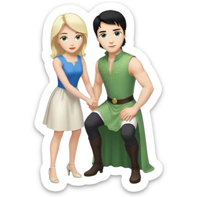 prince, upright, black Hair, blue eyes, Woman, blonde Hair, Green eyes, bending knee, sleveless White Dress, sticker