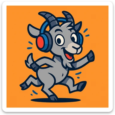 energetic and playful grey goat wearing large gaming headphones, cartoon style sticker