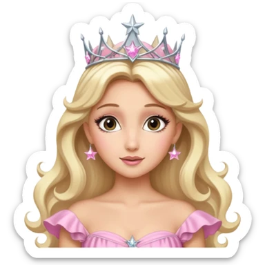 glinda the good witch from wicked movie (ariana) blonde hair, beautiful, big silver thin tiara, star wand, pink gown sticker