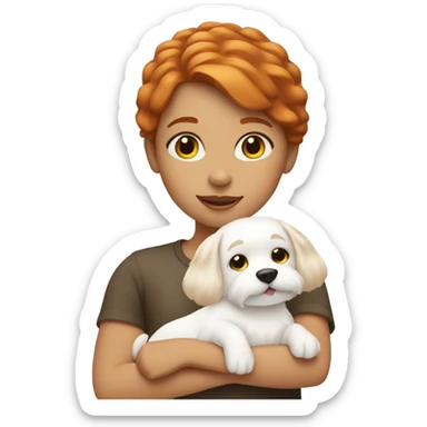 ginger hair girl holding a white fluffy dog sticker