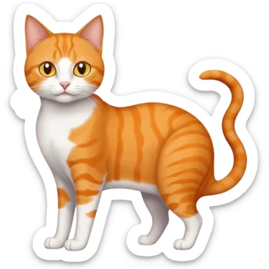 full body orange domestic shorthair slim cat with yellow/orange eyes paw being white and the other being half sticker