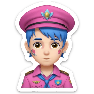 scout boy with very pink scout uniform, blue haired and hat, heavy face attoed sticker