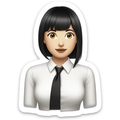 white female bangs black straight hair white shirt black tie sticker