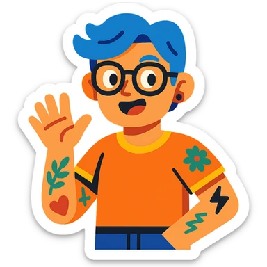 character with blue hair, glasses, and tattoos sticker