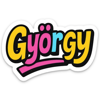The name 'György' in a modern, colorful gradient font with a dark outline, dynamic style with slanted or partial underline, in the style of reference patterns. sticker