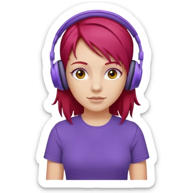 girl with purple headphones and tshirt red hair sticker