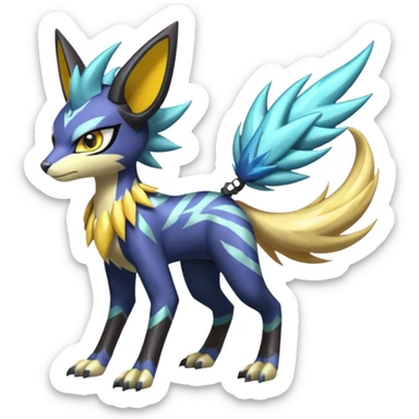 Shiny colorful exotic Feral Scaly Striking Slaying Badass Evil Handsome Lightning-patterned Zig-zagged buzzy fuzzy Meloetta-Renamon-Luxray-Cobalion-Suicune-Vernid-fusion-hybrid-creature, full body  sticker
